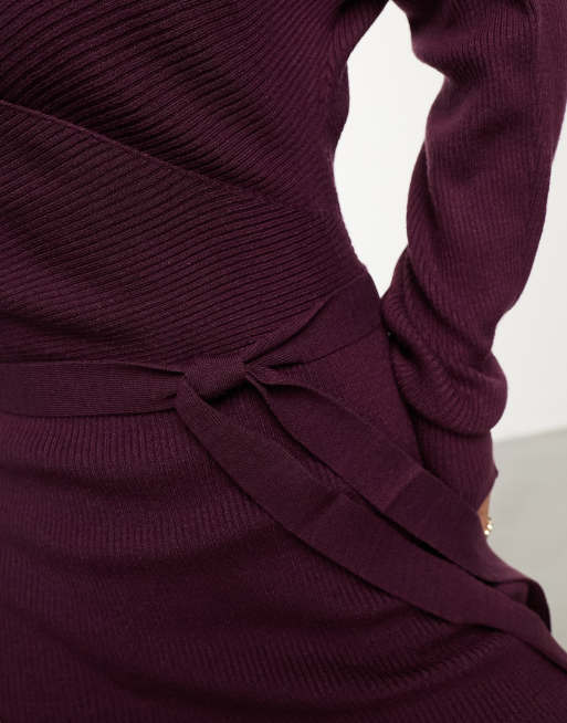 Vero Moda – Vinröd, stickad miniklänning med omlottdesign, långa ärmar och skärp , 4 av 4