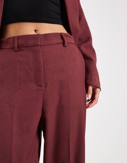 Vero Moda – Vinröda, fiskbensmönstrade, figursydda byxor med vida ben, del av set, 5 av 5