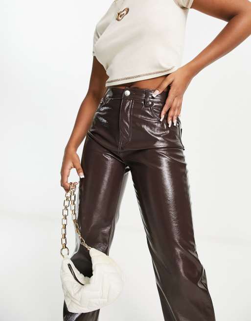 Vero Moda vinyl high rise straight leg trousers in brown