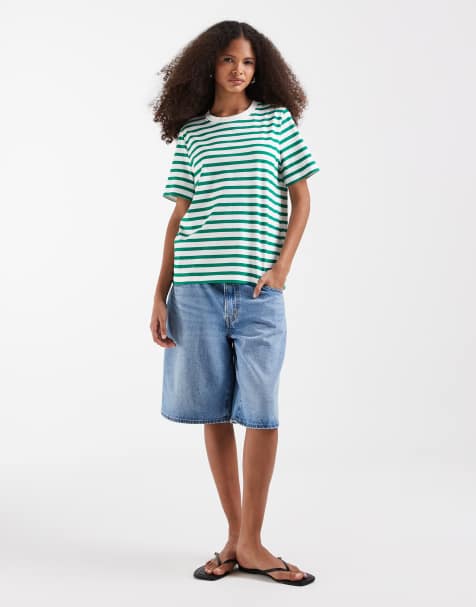 Vero Moda – Vit och grönrandig t-shirt med boxig passform - view 1