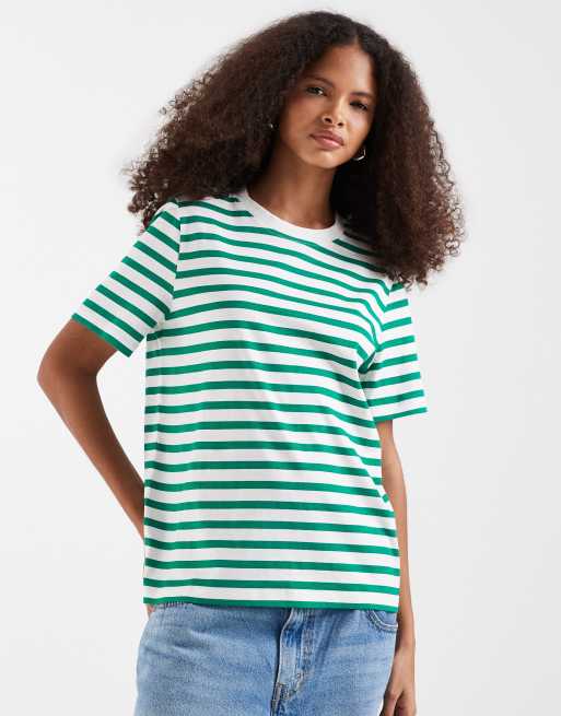 Vero Moda – Vit och grönrandig t-shirt med boxig passform, 2 av 4
