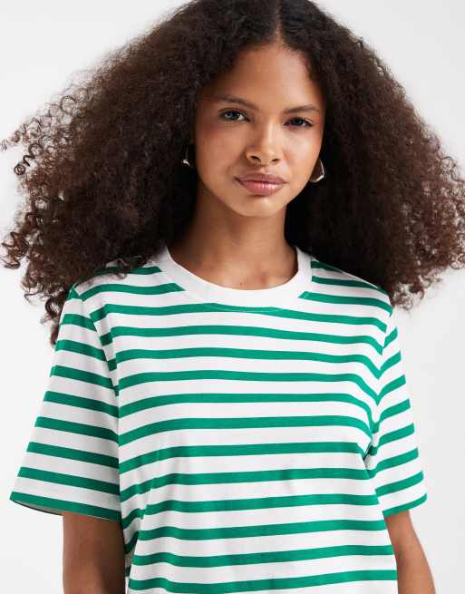Vero Moda – Vit och grönrandig t-shirt med boxig passform, 3 av 4