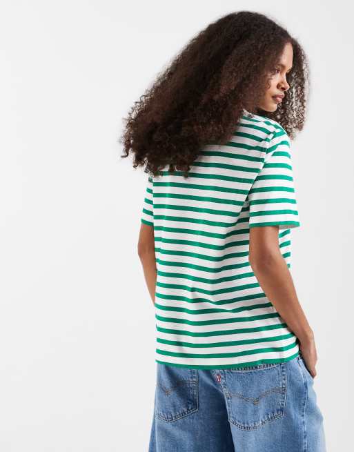 Vero Moda – Vit och grönrandig t-shirt med boxig passform, 4 av 4