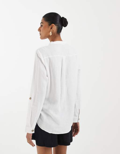 Vero Moda – Vit skjorta i linnemix och cargostil med ficka framtill, 4 av 4