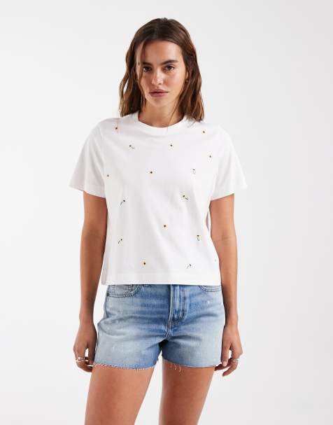Vero Moda – Vit t-shirt med boxig passform och heltäckande solrosbroderi - view 1