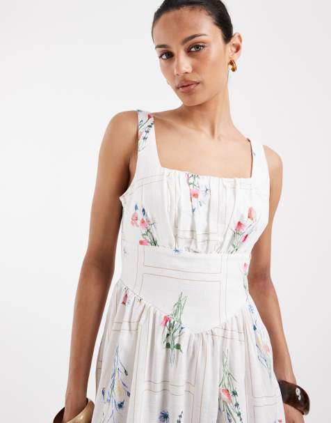 Vero Moda – Vit, vildblommig, ärmlös midiklänning i milkmaid-modell - view 1