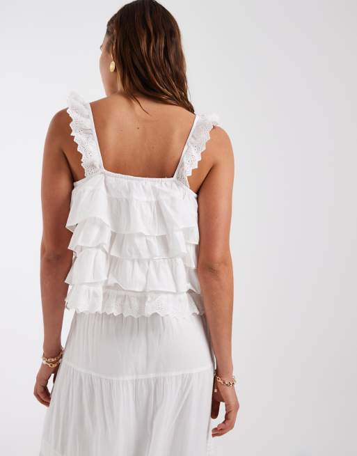 Vero Moda – Vitt, panelsytt linne i bohostil med volang och spetsdetaljer, del av set, 3 av 4
