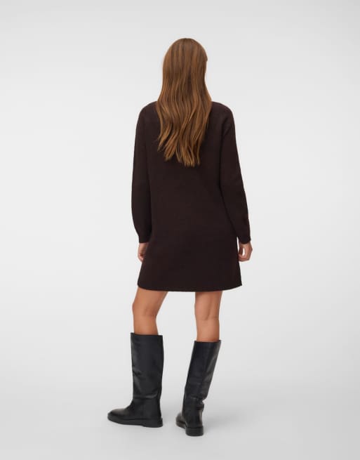Vero Moda Viva boothals jurk met lange mouwen, oversized, mini, in bruin, 2 van 5