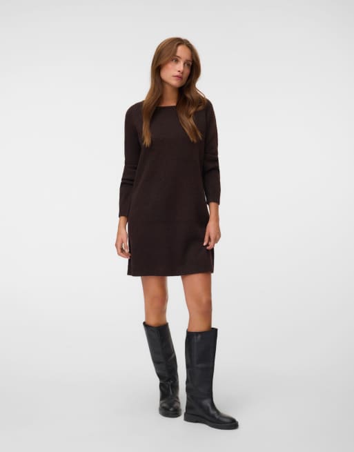 Vero Moda Viva vestito corto oversize con scollo a barchetta e maniche lunghe marrone, 1 di 5