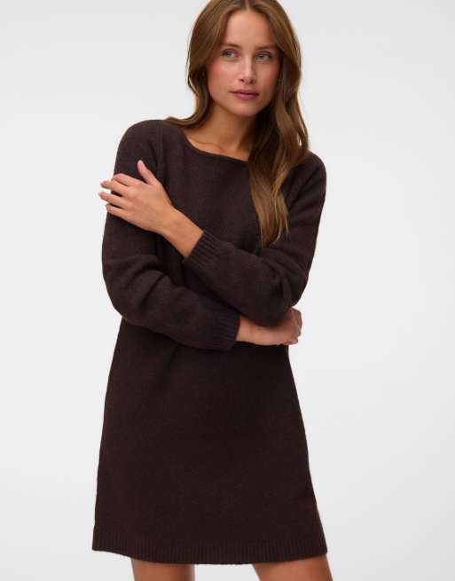 Vero Moda Viva vestito corto oversize con scollo a barchetta e maniche lunghe marrone, 3 di 5