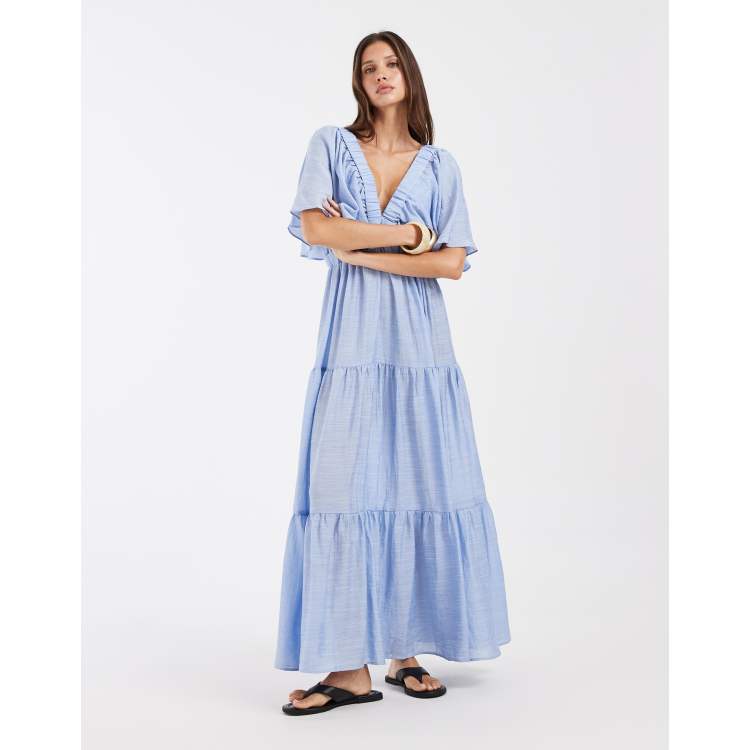 light blue tiered dress Sky Crochet Bodice Maxi and adjustable spaghetti straps A Line Strapless Keyhole Light