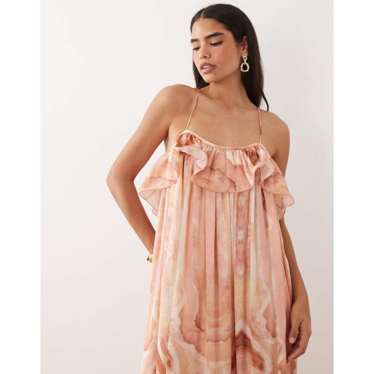 Vero Moda voluminous exaggerated ruffle cami satin midi dress in pink marble print