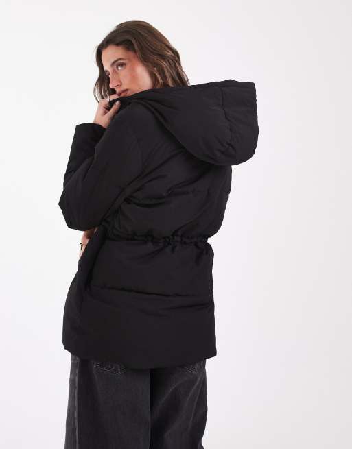 Vero Moda waist detail padded coat with hood in black, 3 of 4