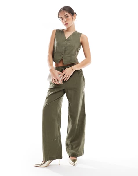 Vero Moda waistcoat and wide leg trouser co-ord in kalamata green - view 1