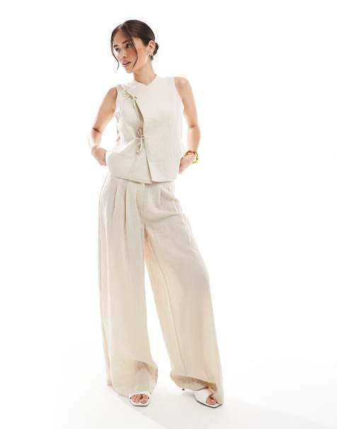 Vero Moda waistcoat with tie front detail and wide leg trouser set in cream - view 1