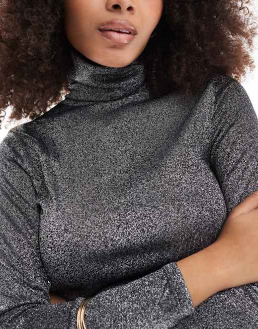 Vero Moda – Warstwowy dżersejowy top z golfem w srebrnym brokatowym kolorze, 3 z 4
