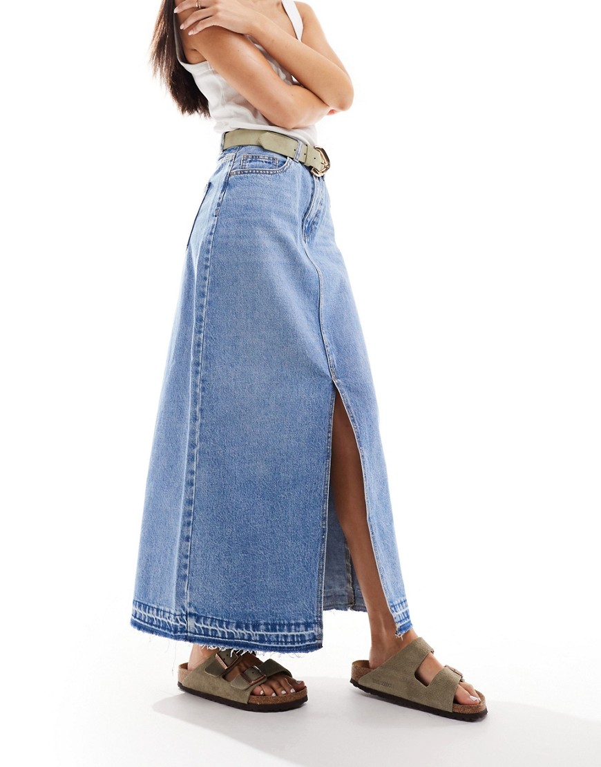 Vero Moda Washed Midi Skirt In Medium Blue Denim