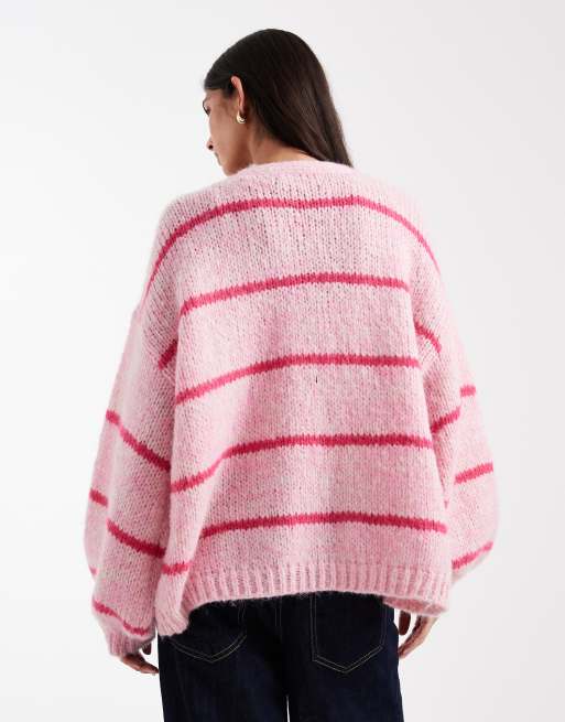 Vero Moda – Weiche, offene Strickjacke in Bonbonrosa mit Streifenmuster und Blousonärmeln, 2 von 4