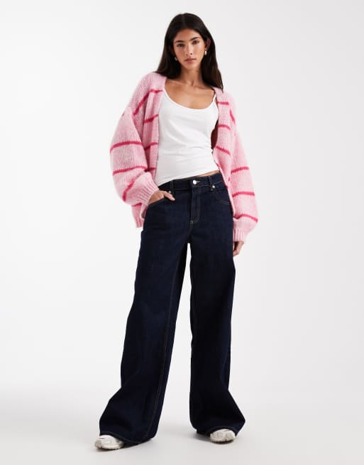 Vero Moda – Weiche, offene Strickjacke in Bonbonrosa mit Streifenmuster und Blousonärmeln, 3 von 4
