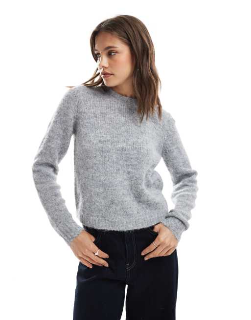 Vero Moda – Weicher, flauschiger Pullover in Grau meliert mit Rundhalsausschnitt, 2 von 4