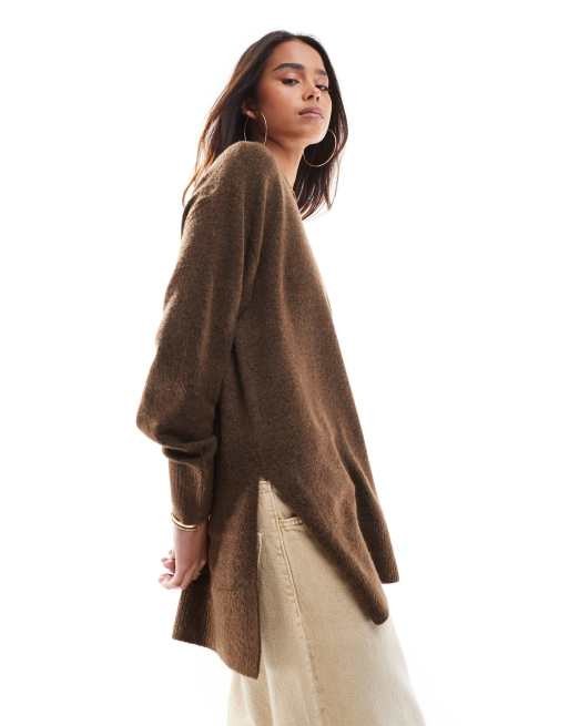 Vero Moda – Weicher Longline-Pullover in meliertem Mittelbraun