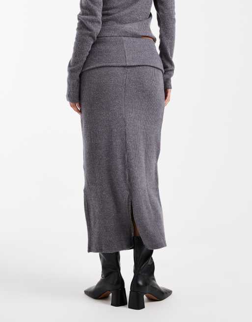 Vero Moda – Weicher Midirock in meliertem Grau mit umgeschlagenem Bund, Kombiteil, 4 von 5