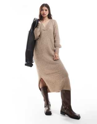 Vero Moda - Weiches, geripptes Oversize-Pulloverkleid in meliertem Beige-Neutral