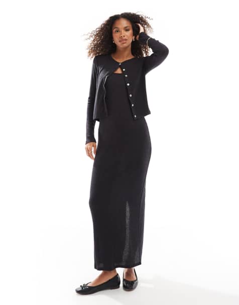 Vero Moda – Weiches, geripptes Set in Schwarz, aus knöchellangem Trägerkleid und Strickjacke - view 1