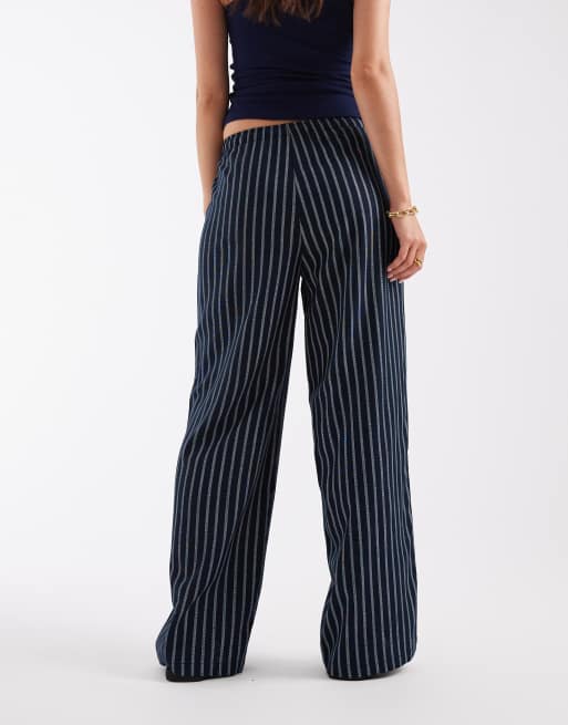 Vero Moda – Weit geschnittene Hose in gestreiftem Marineblau mit Leinenanteil und Kordelzugbund, 3 von 5
