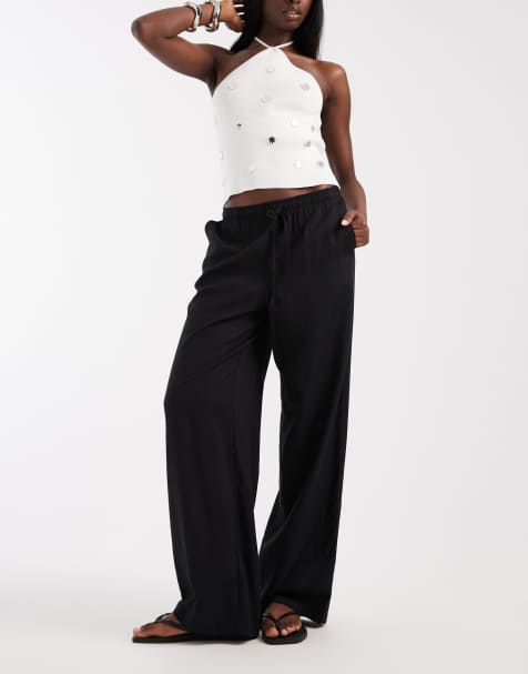 Vero Moda – Weit geschnittene Hose in Schwarz mit Leinenanteil und Kordelzugbund - view 1