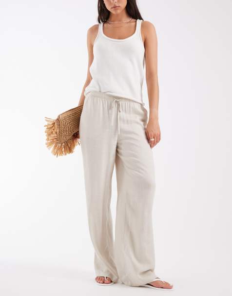 Vero Moda – Weit geschnittene Hose in Steinbeige mit Leinenanteil und Kordelzugbund - view 1