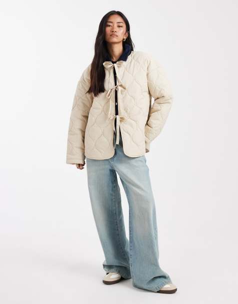 Vero Moda tie front quilted jacket in oatmeal