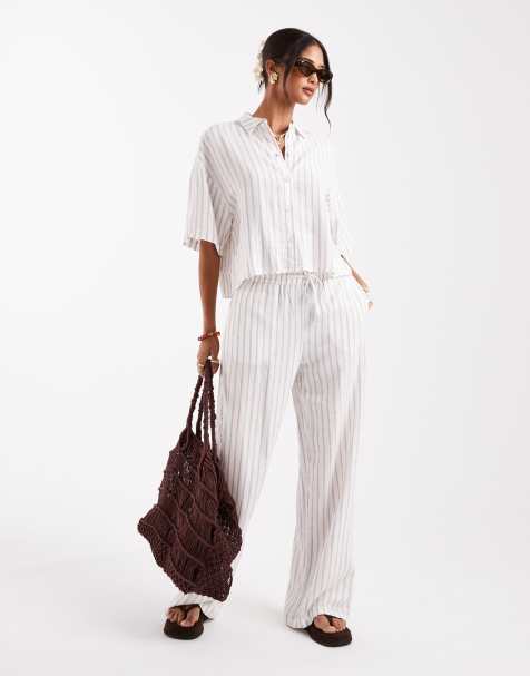 Vero Moda linen touch tie waist trouser co-ord in moon rock stripe