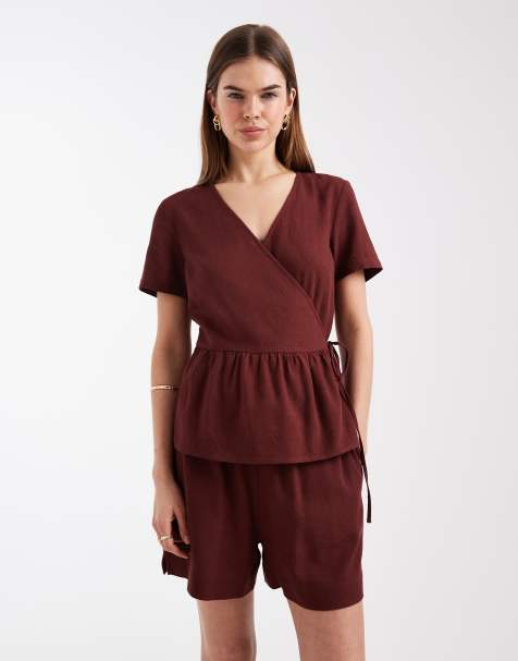 Vero Moda linen touch tie waist papaerbag shorts co-ord in burgundy