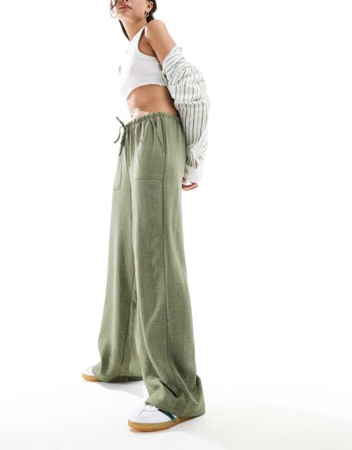 Vero Moda – Wiązane w talii spodnie z szerokimi nogawkami w kolorze khaki, 4 z 5