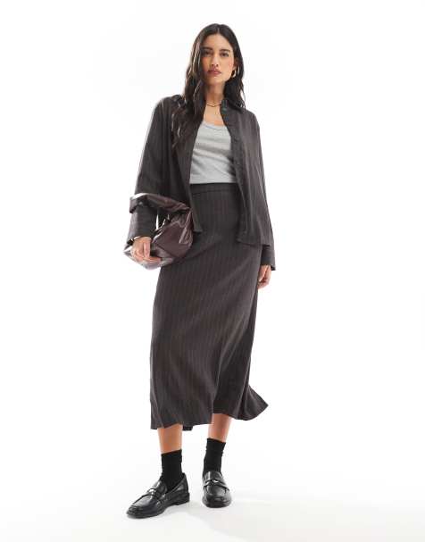 Vero Moda wide cuff shirt and column midi skirt set in dark grey pinstripe - view 1