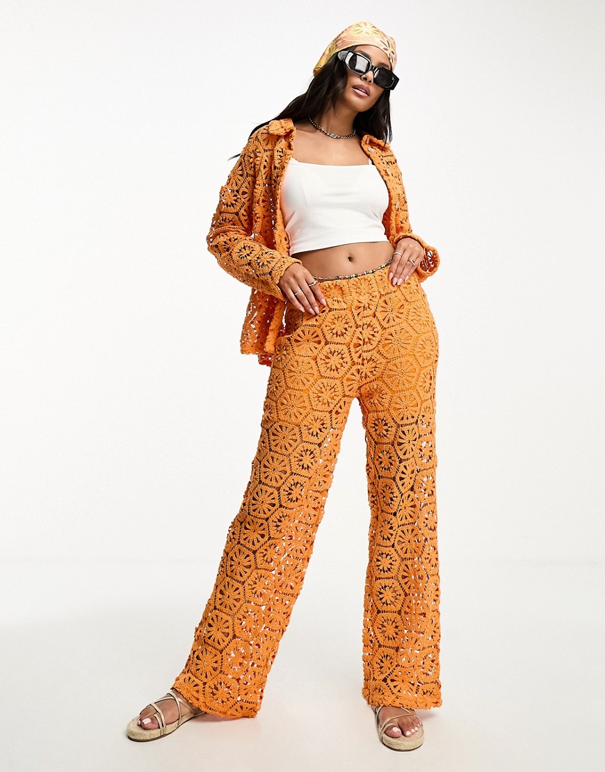 Vero Moda wide leg crochet trouser co-ord in orange