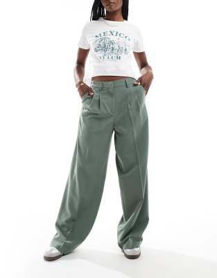 Vero Moda Wide Leg Dad Pants In Khaki Green