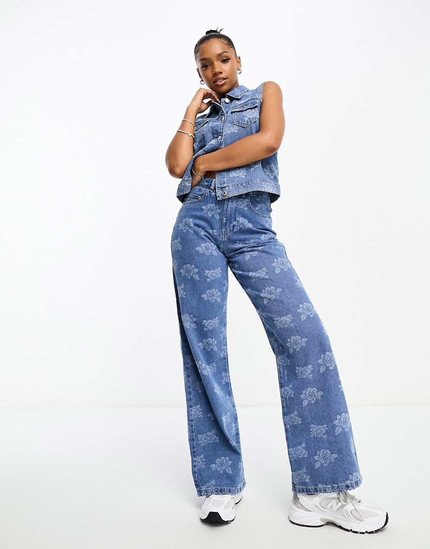 Vero Moda wide leg jeans co-ord with washed print in blue