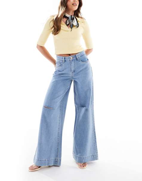 Vero Moda wide leg jeans with distressed detail in light blue - view 1