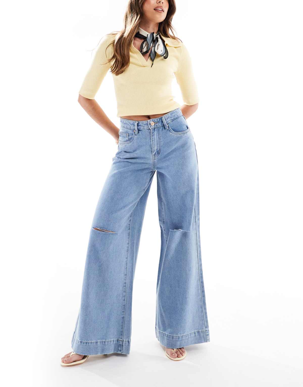 Vero Moda wide leg jeans with distressed detail in light blue
