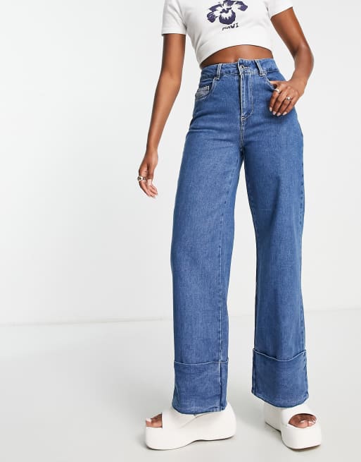 Vero Moda wide leg jeans with high turn up in mid blue wash | ASOS