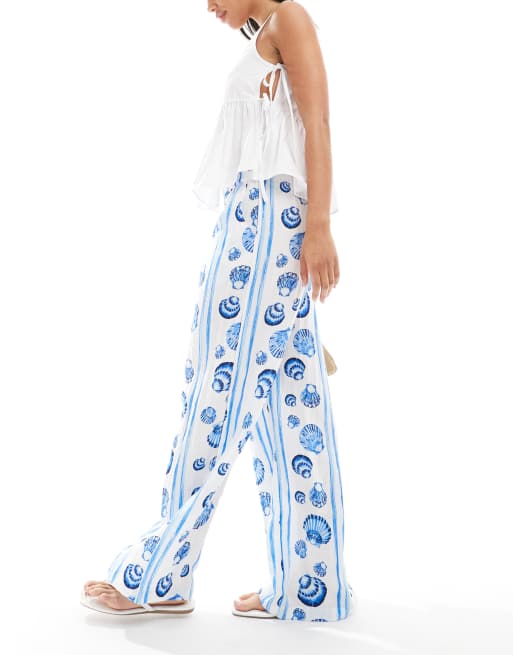Vero Moda wide leg pants in blue seashell print, 3 of 5