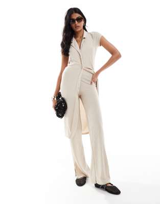 wide leg ribbed jersey pants in oatmeal - part of a set-Neutral