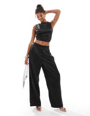 wide leg satin pants in black - part of a set