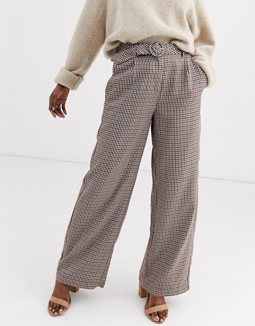 Vero Moda wide leg trousers with belt in brown check
