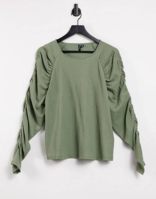 Vero Moda wide neck top with ruched sleeves in khaki