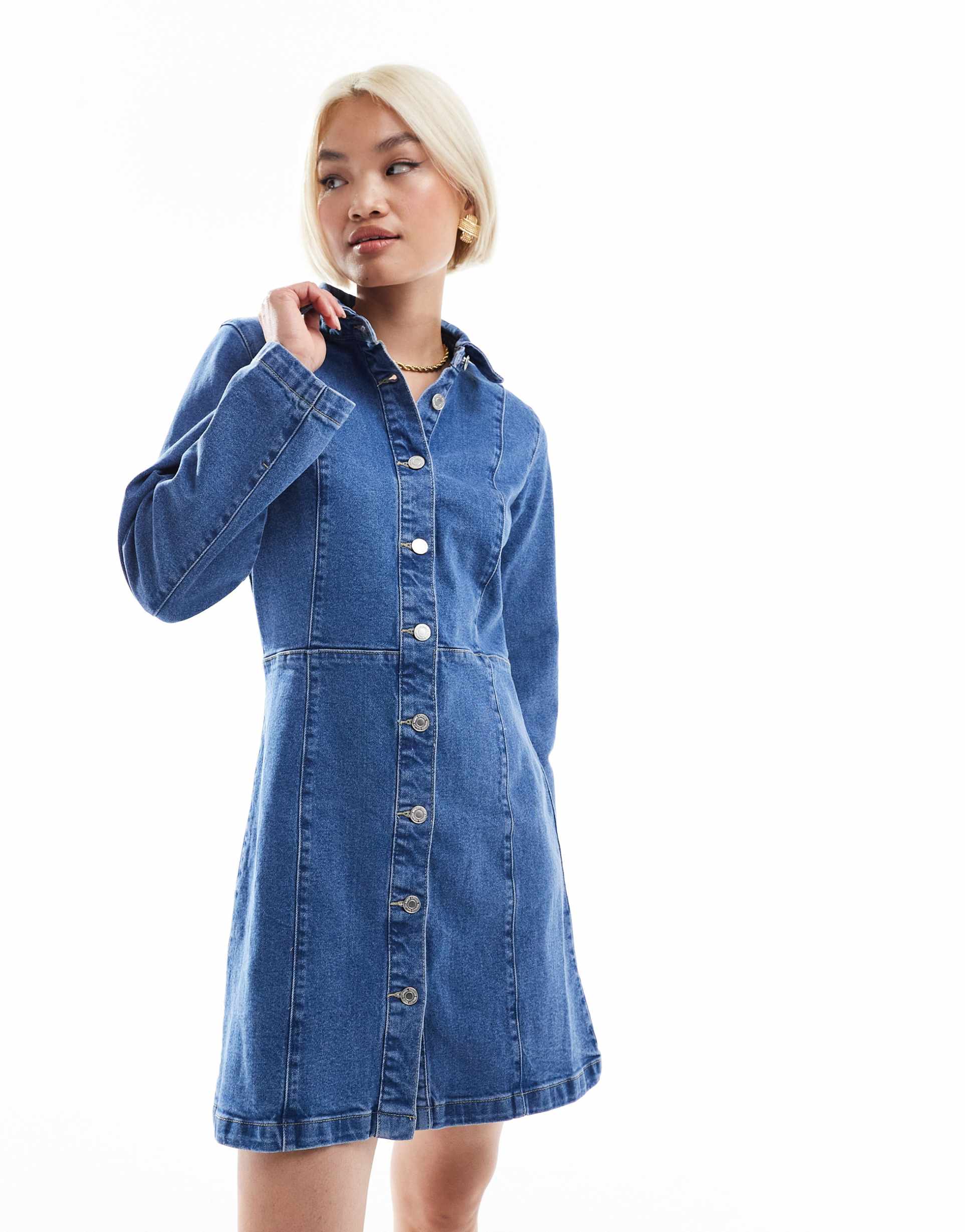 vero moda wide sleeve buttondown mini dress in medium blue denim