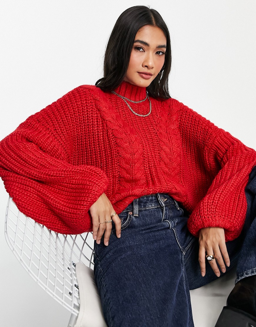 Vero Moda wool chunky knit jumper with high neck and balloon sleeve in red