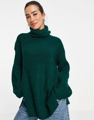 Vero Moda wool mix longline jumper with roll neck in dark green